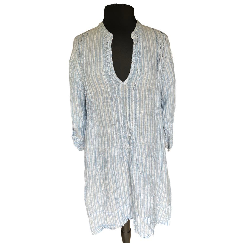 CP Shades Blue White Striped Linen Pintuck Tunic Dress Split Neck 3/4 Sleeve
